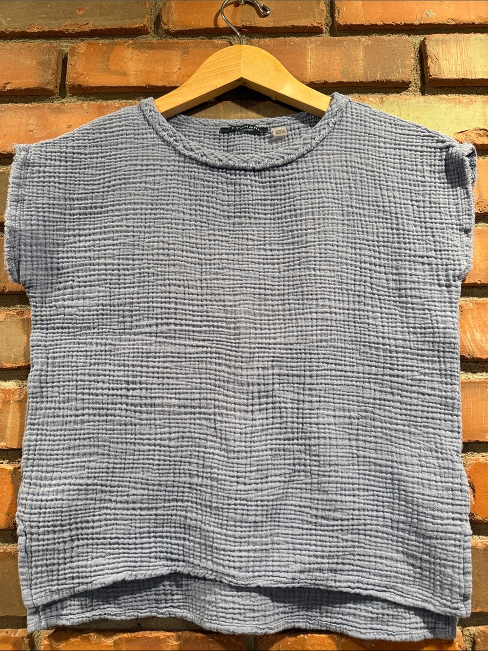Tahari Light Blue Gray Gauzy Cotton Top-raw hem on sleeves